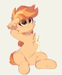 Size: 1156x1406 | Tagged: safe, artist:little-sketches, ponerpics import, oc, oc:flame egg, unofficial characters only, earth pony, pony, :/, cheek fluff, chest fluff, coat markings, ear fluff, earth pony oc, eye clipping through hair, eyebrows visible through hair, female, floppy ears, gray background, hooves behind head, image, jpeg, mare, simple background, sitting, solo, underhoof