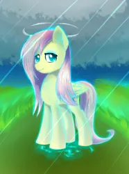 Size: 1250x1677 | Tagged: safe, artist:dusthiel, derpibooru import, fluttershy, pegasus, pony, g4, cute, female, folded wings, glow, grass, image, magic, mare, nimbus, outdoors, png, rain, shyabetes, solo, wings