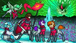 Size: 5000x2813 | Tagged: safe, artist:facadeart, derpibooru import, king sombra, oc, earth pony, human, pegasus, pony, unicorn, g4, crystal empire, earth pony oc, horn, image, jpeg, pegasus oc, unicorn oc, wings