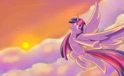 Size: 1600x982 | Tagged: safe, artist:dusthiel, derpibooru import, twilight sparkle, twilight sparkle (alicorn), alicorn, pony, g4, cloud, female, flying, horn, image, mare, outdoors, png, solo, spread wings, sunset, wings