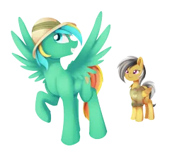 Size: 1481x1301 | Tagged: safe, artist:dusthiel, derpibooru import, daring do, oc, oc:typh, pegasus, pony, g4, accessory theft, commission, duo, duo male and female, female, folded wings, hat, image, male, mare, pith helmet, png, raised hoof, simple background, spread wings, stallion, transparent background, wings