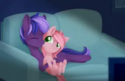 Size: 1640x1071 | Tagged: safe, artist:dusthiel, derpibooru import, oc, unofficial characters only, pegasus, pony, unicorn, commission, couch, duo, duo male and female, eyes closed, female, horn, image, indoors, kissing, male, mare, png, stallion, underhoof