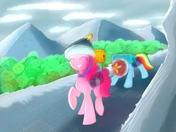 Size: 3000x2250 | Tagged: safe, artist:dusthiel, derpibooru import, pinkie pie, rainbow dash, earth pony, pegasus, pony, g4, the lost treasure of griffonstone, bag, cloud, cloudy, duo, duo female, eyes closed, female, grin, hat, image, mare, mongolian shepherd hat, mountain, my little pony, nature, outdoors, png, raised hoof, saddle bag, smiling, tree