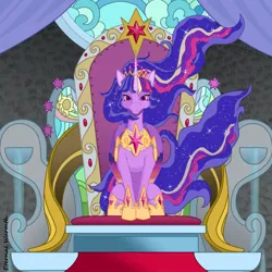 Size: 1024x1024 | Tagged: safe, derpibooru import, princess twilight 2.0, twilight sparkle, twilight sparkle (alicorn), alicorn, g4, the last problem, alternate hairstyle, alternate universe, fanfic art, image, immortality blues, jewelry, jpeg, older, older twilight, older twilight sparkle (alicorn), regalia, throne, throne room