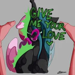 Size: 2000x2000 | Tagged: suggestive, artist:inuyuru, derpibooru import, princess cadance, queen chrysalis, changeling, changeling queen, human, g4, bedroom eyes, disguise, disguised changeling, fake cadance, female, female focus, gray background, heart, heart eyes, high res, human male, human on changeling action, image, interspecies, jpeg, licking, licking lips, looking at you, male, male pov, offscreen character, offscreen male, pov, simple background, solo focus, straight, tongue out, wingding eyes