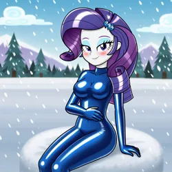 Size: 1024x1024 | Tagged: suggestive, machine learning generated, ponerpics import, rarity, equestria girls, breasts, clothes, female, gloves, image, jpeg, latex, latex gloves, latex socks, latex suit, sitting, snow, socks, solo, solo female