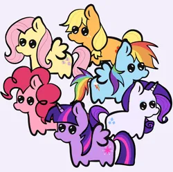 Size: 2048x2037 | Tagged: safe, artist:peppers777, derpibooru import, applejack, fluttershy, pinkie pie, rainbow dash, rarity, twilight sparkle, twilight sparkle (alicorn), alicorn, earth pony, pegasus, pony, unicorn, g4, dot eyes, feathered wings, female, full body, group, high res, horn, image, lavender background, mane six, mare, missing accessory, no mouth, png, simple background, solo, squatpony, standing, three quarter view, wings