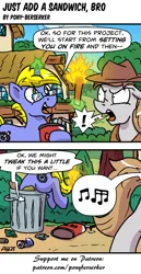 Size: 735x1421 | Tagged: safe, artist:pony-berserker, derpibooru import, oc, oc:final drive, oc:longhaul, unofficial characters only, earth pony, unicorn, angry, earth pony oc, exclamation point, fire, gas, hat, horn, image, magic, music notes, png, telekinesis, torch, trash, trash can, unicorn oc