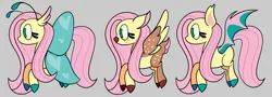 Size: 2650x955 | Tagged: safe, artist:cosmicriff, derpibooru import, fluttershy, bat pony, butterfly, butterfly pony, deer, deer pony, hybrid, insect, original species, pony, g4, alternate design, antennae, bat ears, bat ponified, blue hooves, brown hooves, brown wings, butterfly wings, colored hooves, colored pinnae, colored wings, colored wingtips, ear tufts, feathered wings, female, flutterbat, flying, freckles, freckleshy, full body, gray background, heart, hooves, image, mismatched hooves, multicolored hooves, no mouth, no pupils, png, race swap, side view, simple background, snout, teal eyes, teal hooves, teal wings, two toned coat, unshorn fetlocks, wings, yellow wingtips