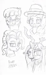 Size: 780x1269 | Tagged: safe, artist:ponerr, derpibooru import, pinkie pie, queen chrysalis, oc, oc:dusty eclipse, bat pony, changeling, changeling queen, earth pony, g4, bat pony oc, bat wings, black and white, female, grayscale, heart, image, jpeg, monochrome, rapper pie, signature, sketch, sketch dump, wings