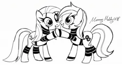 Size: 2048x1094 | Tagged: safe, artist:mommymidday, derpibooru import, oc, unnamed oc, unofficial characters only, earth pony, pony, robot, robot pony, black and white, duo, grayscale, heart, heart eyes, holding hooves, image, jpeg, looking at each other, looking at someone, monochrome, signature, simple background, sketch, smiling, smiling at each other, white background, wingding eyes, wip