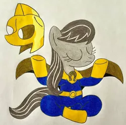 Size: 1280x1269 | Tagged: safe, artist:tfpandora, derpibooru import, octavia melody, earth pony, pony, g4, image, jpeg, simple background, sitting, solo, story included, superhero costume, traditional art, white background