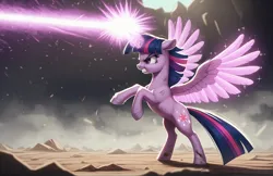 Size: 2328x1504 | Tagged: safe, ai content, machine learning generated, prompter:antedown, twilight sparkle, twilight sparkle (alicorn), alicorn, pony, g4, ai composition, angry, bipedal, blast, canyon, dirty, dust, female, fight, full body, generator:pony diffusion v6 xl, glow, glowing horn, gritted teeth, horn, image, laser, laser beam, magic, magic aura, magic blast, mare, png, rearing, rock, scratches, side view, smoke, solo, sparkles, sparkly wings, spread wings, standing, teeth, wings