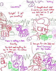 Size: 4779x6013 | Tagged: safe, artist:adorkabletwilightandfriends, derpibooru import, spike, twilight sparkle, twilight sparkle (alicorn), alicorn, comic:adorkable twilight and friends, g4, adorkable, adorkable twilight, car, comic, compliment, confused, cute, dork, happy, heart, house, image, love, overcast, png, present, relationship, slice of life, van