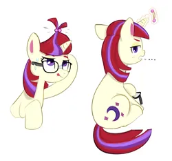 Size: 2006x1871 | Tagged: safe, artist:kamagi, derpibooru import, moondancer, pony, unicorn, g4, ..., alternate hairstyle, female, glasses off, hairclip, hoof hold, horn, image, looking at you, looking back, looking back at you, mare, png, reaching, simple background, sitting, solo, sweat, tongue out, white background