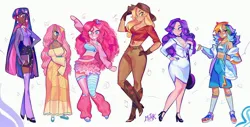 Size: 4096x2081 | Tagged: safe, artist:mulemount, derpibooru import, applejack, fluttershy, pinkie pie, rainbow dash, rarity, twilight sparkle, human, g4, :3, abs, bandaid, bare midriff, belt, boob freckles, book, boots, breasts, chest freckles, choker, chokerarity, chokerdash, chokershy, cleavage, clothes, cowboy boots, dark skin, dress, ear piercing, earring, emanata, fangs, female, fishnet clothing, freckles, gloves, grin, hair over one eye, headkerchief, hoodie, humanized, image, jacket, jewelry, jpeg, leg scar, leg warmers, lipstick, looking at you, mane six, mary janes, mismatched socks, moderate dark skin, necklace, necktie, pants, pencil drawing, piercing, purple lipstick, scar, shoes, short shirt, shorts, simple background, skirt, smiling, sneakers, socks, sparkles, standing, stockings, tan skin, thigh highs, traditional art, white background