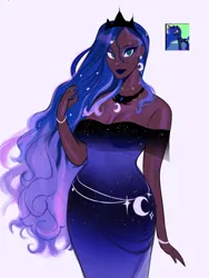 Size: 574x762 | Tagged: safe, artist:mulemount, derpibooru import, princess luna, human, g4, blackwashing, bracelet, breasts, cleavage, clothes, dark skin, dress, female, humanized, image, jewelry, necklace, png, regalia, simple background, strapless, strapless dress, white background