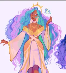 Size: 763x849 | Tagged: safe, artist:mulemount, derpibooru import, princess celestia, human, g4, blackwashing, breasts, cleavage, clothes, dress, female, humanized, image, jewelry, necklace, png, regalia, solo