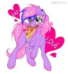 Size: 2152x2334 | Tagged: safe, artist:9thdeath, derpibooru import, oc, oc:ophelia white, unofficial characters only, earth pony, pony, cute, female, food, heart, image, mare, not ember (g1), pink hair, pizza, png, simple background, solo, stars, tattoo