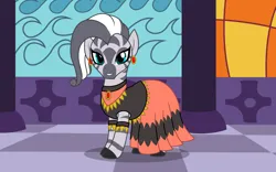 Size: 3508x2184 | Tagged: safe, artist:badumsquish, derpibooru import, zecora, pony, zebra, g4, alternate accessories, alternate clothes, alternate hairstyle, armband, canterlot, clothes, derpibooru exclusive, dress, ear piercing, earring, female, gala dress, grand galloping gala, grin, image, jewelry, lidded eyes, looking at you, mare, missing accessory, necklace, palace, piercing, png, show accurate, smiling, solo