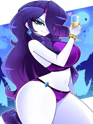 Size: 1500x2000 | Tagged: suggestive, artist:xan-gelx, derpibooru import, rarity, bird, human, equestria girls, g4, 2d, alcohol, belly, belly button, bikini, bikini bottom, bikini top, breasts, busty rarity, champagne, champagne glass, clothes, diamond, ear piercing, earring, eyeshadow, female, glass, gold, image, jewelry, looking at you, makeup, moon, night, palm tree, piercing, png, rarity's beach shorts swimsuit, rarity's purple bikini, smiling, smiling at you, solo, swimsuit, tree, wide hips, wine, wrist cuffs