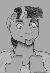 Size: 1600x2303 | Tagged: safe, artist:twilighticedtea, derpibooru import, twilight sparkle, human, pony, unicorn, g4, :p, bust, clothes, grayscale, hooves, horn, human to pony, image, jpeg, monochrome, simple background, solo, tongue out, transformation