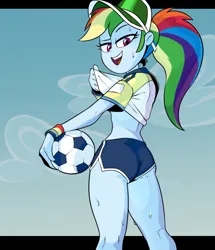 Size: 4300x5000 | Tagged: suggestive, artist:negasimon, derpibooru import, rainbow dash, human, equestria girls, g4, booty shorts, butt, clothes, cloud, colors, fanart, female, fit, football, humanized, image, looking at you, png, shirt, shirt lift, slender, solo, solo female, sports, sultry pose, sweat, sweatdrop, thighs, thin, thunder thighs, wide hips