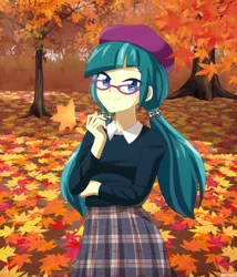 Size: 1200x1400 | Tagged: safe, artist:riouku, derpibooru import, juniper montage, equestria girls, g4, autumn, beret, clothes, cute, female, glasses, hat, image, leaves, png, shirt, skirt, solo, sweater, tree