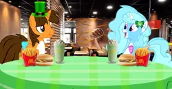 Size: 910x474 | Tagged: safe, artist:lizzmcclin, derpibooru import, oc, oc:ej, oc:jemima sparkle, g4, burger, female, food, french fries, holiday, image, mcdonald's, png, saint patrick's day, shamrock shake