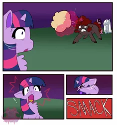 Size: 1600x1700 | Tagged: safe, artist:imp, derpibooru import, twilight sparkle, oc, oc:blue thunder, unicorn, g4, canon x oc, comic, female, horn, image, jpeg, magic, male, school for gifted unicorns, ship:thundersparkle, shipping, smack, straight, throwing