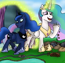 Size: 1944x1896 | Tagged: safe, artist:vanilla beam, derpibooru import, princess celestia, princess luna, alicorn, pony, series:my collosal pony, g4, city, crown, destruction, duo focus, ethereal mane, female, folded wings, giant pony, glow, glowing horn, hoof hold, horn, image, jewelry, looking down, macro, mare, open mouth, outdoors, peytral, plane, png, portal, regalia, river, royal sisters, siblings, sisters, story included, walking, water, wings