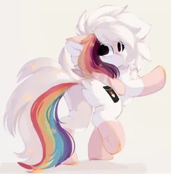 Size: 1846x1878 | Tagged: safe, artist:little-sketches, ponerpics import, oc, oc:ayaka, unofficial characters only, pegasus, pony, against wall, butt, butt fluff, cheek fluff, chest fluff, colored ears, colored hooves, colored wings, ear fluff, ethereal mane, eye clipping through hair, eyebrows visible through hair, female, floppy ears, image, jpeg, leg fluff, looking back, mare, pegasus oc, pegasus wings, plot, raised leg, rear view, socks (coat marking), solo, standing, starry mane, starry tail, stars, tan background, turned head, underhoof, wings