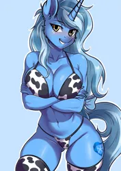 Size: 2481x3506 | Tagged: suggestive, artist:wolfyema, derpibooru import, oc, oc:glacandra, unofficial characters only, anthro, unicorn, belly, belly button, bikini, blushing, bow, bra, breasts, clothes, commission, cowkini, cowprint, crossed arms, female, hair bow, horn, image, looking at you, panties, png, smiling, smiling at you, socks, solo, solo female, string bikini, swimsuit, thigh highs, thong, underwear, unicorn oc, ych result