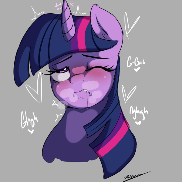 Size: 2000x2000 | Tagged: suggestive, artist:inuyuru, derpibooru import, twilight sparkle, pony, unicorn, g4, blushing, bust, drool, eyes rolling back, female, gray background, heart, heart eyes, high res, horn, image, implied orgasm, implied sex, jpeg, mare, o-face, one eye closed, simple background, solo, solo female, unicorn twilight, wingding eyes