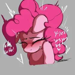 Size: 2000x2000 | Tagged: suggestive, artist:inuyuru, derpibooru import, pinkie pie, earth pony, pony, g4, blushing, bust, dialogue, drool, eyes closed, female, floppy ears, gray background, grin, heart, high res, human shoulders, image, implied orgasm, implied sex, jpeg, mare, simple background, smiling, solo, solo female