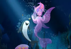 Size: 1073x745 | Tagged: safe, artist:shamy-crist, derpibooru import, oc, oc:lilac, unofficial characters only, fish, narwhal, seapony (g4), starfish, beak, bioluminescent, bubble, commission, coral, crepuscular rays, dorsal fin, eyes closed, fangs, female, fin, fin ears, fin wings, fins, fish tail, flowing mane, flowing tail, glow, happy, image, jewelry, jpeg, necklace, ocean, open mouth, open smile, reef, scales, scene interpretation, seaquestria, seaweed, singing, smiling, solo, swimming, tail, the little mermaid, underwater, water, wings