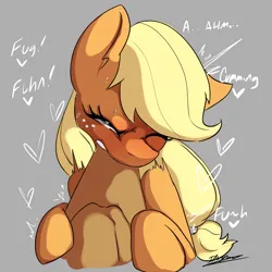 Size: 2000x2000 | Tagged: suggestive, artist:inuyuru, derpibooru import, applejack, earth pony, pony, g4, biting, bust, dialogue, emanata, female, gray background, hat bite, hat off, heart, heart eyes, high res, hoof hold, image, implied orgasm, implied sex, jpeg, mare, one eye closed, signature, simple background, solo, solo female, squint, sweat, wingding eyes