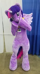 Size: 1121x2048 | Tagged: safe, artist:atalonthedeer, derpibooru import, twilight sparkle, bronycon, bronycon 2019, g4, 2019, fursuit, image, indoors, irl, jewelry, jpeg, photo, ponysuit, regalia, solo