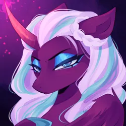 Size: 2000x2000 | Tagged: safe, artist:batzuru, derpibooru import, alicorn, pony, g5, antagonist, beautiful, blue eyes, bust, curved horn, digital art, eyelashes, eyeshadow, feather, female, glow, glowing horn, hoof shoes, horn, image, jpeg, lidded eyes, looking at you, magic, makeup, mare, opaline arcana, partially open wings, portrait, princess shoes, purple background, raised hoof, signature, simple background, solo, sparkles, white mane, wings