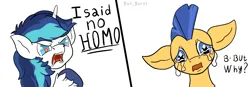 Size: 2400x836 | Tagged: safe, artist:bun_burst, derpibooru import, flash sentry, shining armor, pegasus, pony, unicorn, g4, 2 panel comic, angry, big ears, comic, crying, gay, horn, image, implied gay, infidelity, male, no homo, png, sad, ship:shiningsentry, shipping, simple background, unshorn fetlocks, white background