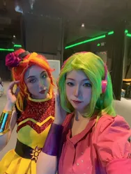 Size: 1080x1440 | Tagged: safe, artist:akane茜茜茜茜, derpibooru import, lemon zest, sunset shimmer, human, equestria girls, g4, behind the scenes, clothes, cosplay, costume, duo, equestria girls specials, female, headphones, image, irl, irl human, jpeg, mirrored, my little pony equestria girls: dance magic, photo, pose, selfie