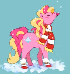 Size: 326x343 | Tagged: safe, artist:starlightsuncrow, derpibooru import, earth pony, pony, g3, ^^, blush lines, blushing, closed mouth, clothes, cute, eyes closed, female, full body, fur trim, hoof shoes, image, lowres, mare, mittens (g3), pink coat, pink mane, pink tail, png, scarf, side view, simple background, snow, snowflake, solo, standing, striped scarf, tail, teal background, tongue out, two toned mane, two toned tail, winter, winter outfit, yellow mane, yellow tail