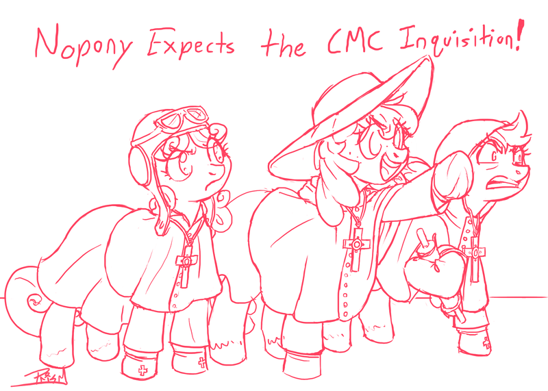 Size: 2100x1500 | Tagged: safe, artist:prismspark, derpibooru import, apple bloom, scootaloo, sweetie belle, earth pony, pony, unicorn, g4, 30 minute art challenge, aviator hat, clothes, cross, cross necklace, cutie mark crusaders, exploitable meme, eye clipping through hair, female, filly, foal, glasses, glasses on head, gritted teeth, hat, hoof hold, horn, image, inquisition, jewelry, meme, monochrome, monty python, monty python and the holy grail, necklace, open mouth, png, pointing, robe, scroll, signature, story included, teeth, this will end in tears and/or death and/or covered in tree sap, trio, trio female