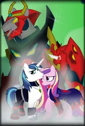 Size: 1500x2200 | Tagged: safe, artist:raritykaiba, derpibooru import, princess cadance, shining armor, alicorn, pony, unicorn, g4, cape, clothes, crossover, duo, duo male and female, female, horn, image, jewelry, looking at someone, male, mecha, necklace, outdoors, png, raised hoof, ship:shiningcadance, shipping, straight, tengen toppa gurren lagann, unshorn fetlocks