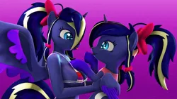 Size: 1024x576 | Tagged: suggestive, artist:runic_the_wolf, ponerpics import, oc, oc:woona sparkle, unofficial characters only, anthro, pony, 3d, breasts, clothes, female, image, jpeg, looking at each other, mare, self ponidox