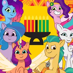 Size: 600x600 | Tagged: safe, derpibooru import, edit, edited screencap, screencap, hitch trailblazer, izzy moonbow, pipp petals, sunny starscout, zipp storm, g5, alicorn sunny starscout, image, kwanzaa, misty brightdawn, png