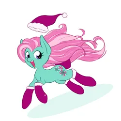 Size: 2048x2048 | Tagged: safe, artist:scribbleymewzaque, derpibooru import, minty, earth pony, pony, g3, :d, bow, christmas, clothes, colored lineart, female, full body, fur trim, hat, heart, heart mark, holiday, image, looking at you, mare, open mouth, open smile, png, running, santa hat, shadow, simple background, smiling, smiling at you, socks, solo, tail, tail bow, teeth, three quarter view, white background, wind, windswept mane, windswept tail