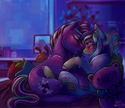 Size: 3425x2975 | Tagged: safe, artist:pastelpalette, derpibooru import, oc, oc:lily, oc:pastelpalette, unicorn, blushing, complex background, couple, cuddling, female, horn, image, jpeg, lesbian, looking into each others eyes, love, night