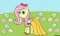 Size: 1340x800 | Tagged: safe, artist:morandante, derpibooru import, fluttershy, pegasus, g4, bow, clothes, cosplay, costume, dress, female, image, png, snow white, snow white and the seven dwarfs, solo