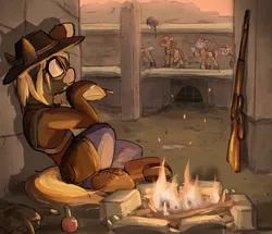 Size: 3280x2818 | Tagged: safe, artist:candel, derpibooru import, oc, oc:amber "muddy" roads, unofficial characters only, earth pony, pony, unicorn, armor, bag, boots, building, campfire, cigarette, clothes, fallout, female, gun, hat, horn, image, jacket, male, mare, ncr, png, potion, rifle, saddle bag, shoes, sitting, smiling, stallion, waving, weapon